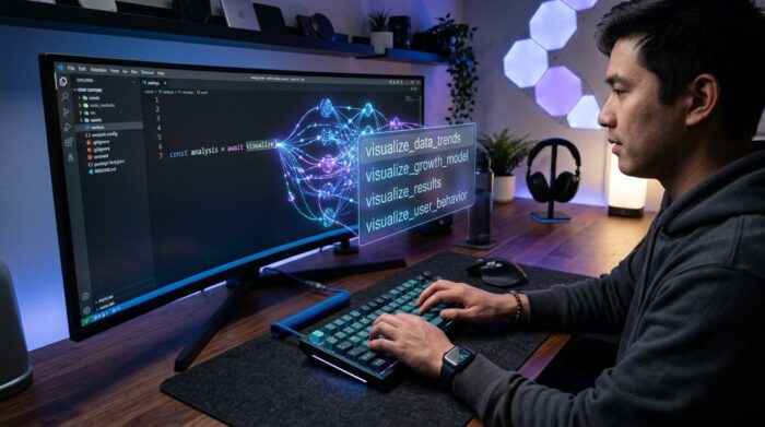 Desktop computer showing a text shortcut “tymsg” expanding into “Thank you for your message” while someone types on a keyboard.