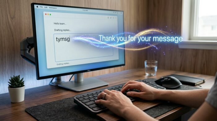 Man typing on a mechanical keyboard while an AI predictive text interface with neural network suggestions appears on a large desktop monitor.