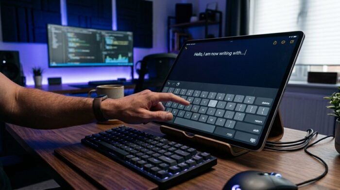 Person using a touchscreen tablet keyboard with finger gesture typing while a mechanical keyboard sits on a desk in a modern workspace.