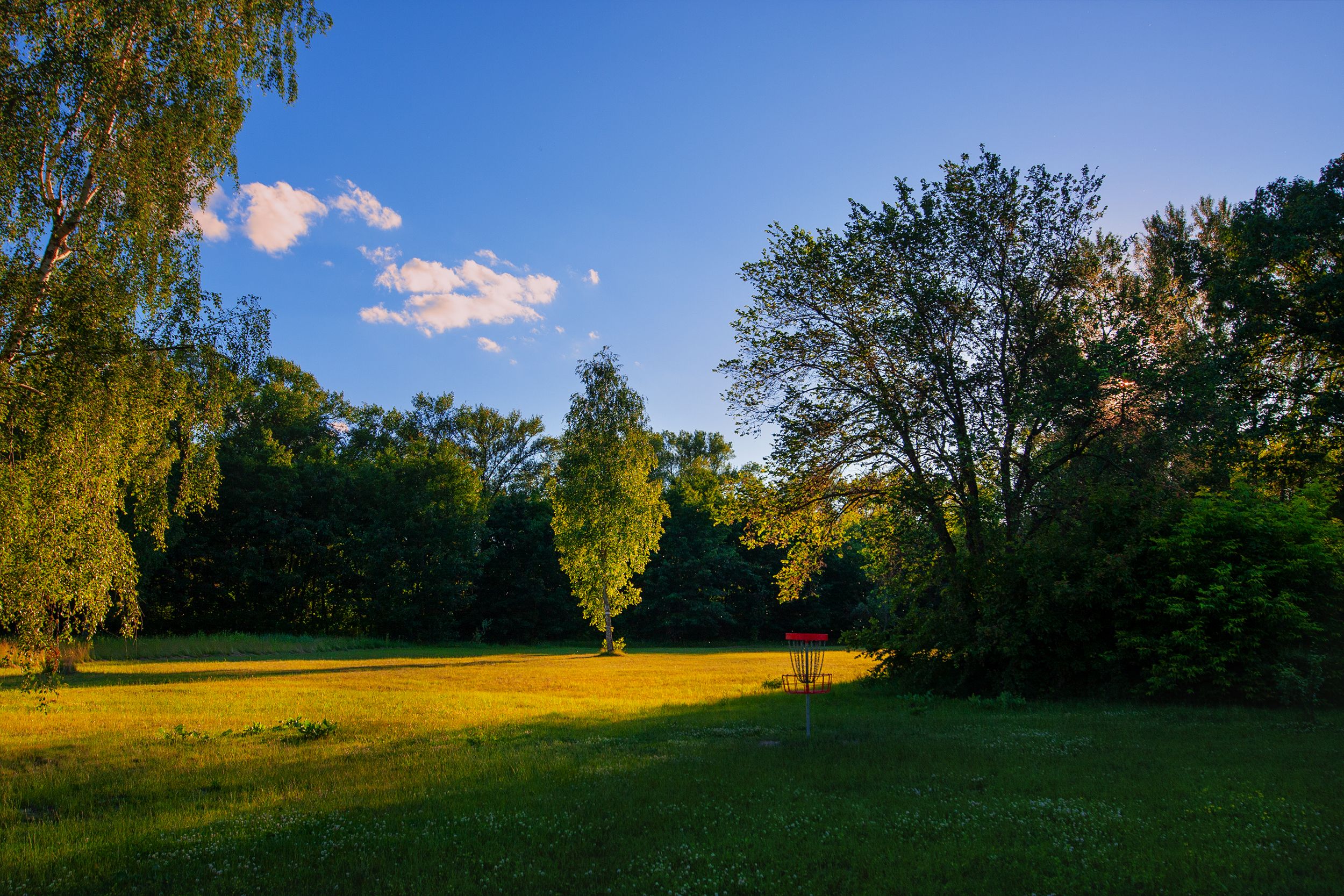 A scenic park landscape during sunset featuring a disc golf basket.