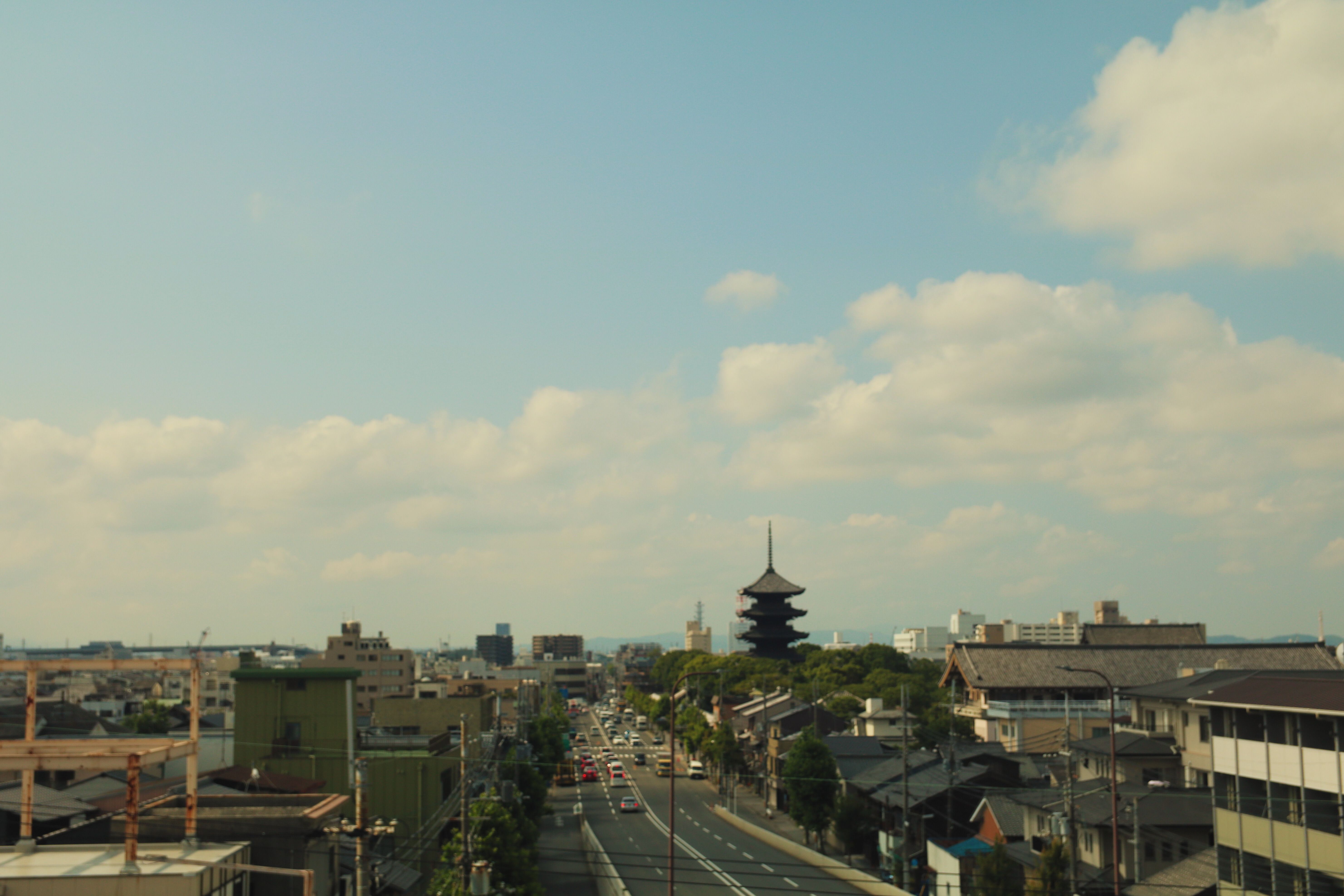 Yasaka Pagoda rising above the historic streets of Kyoto, Japan on a sunny day