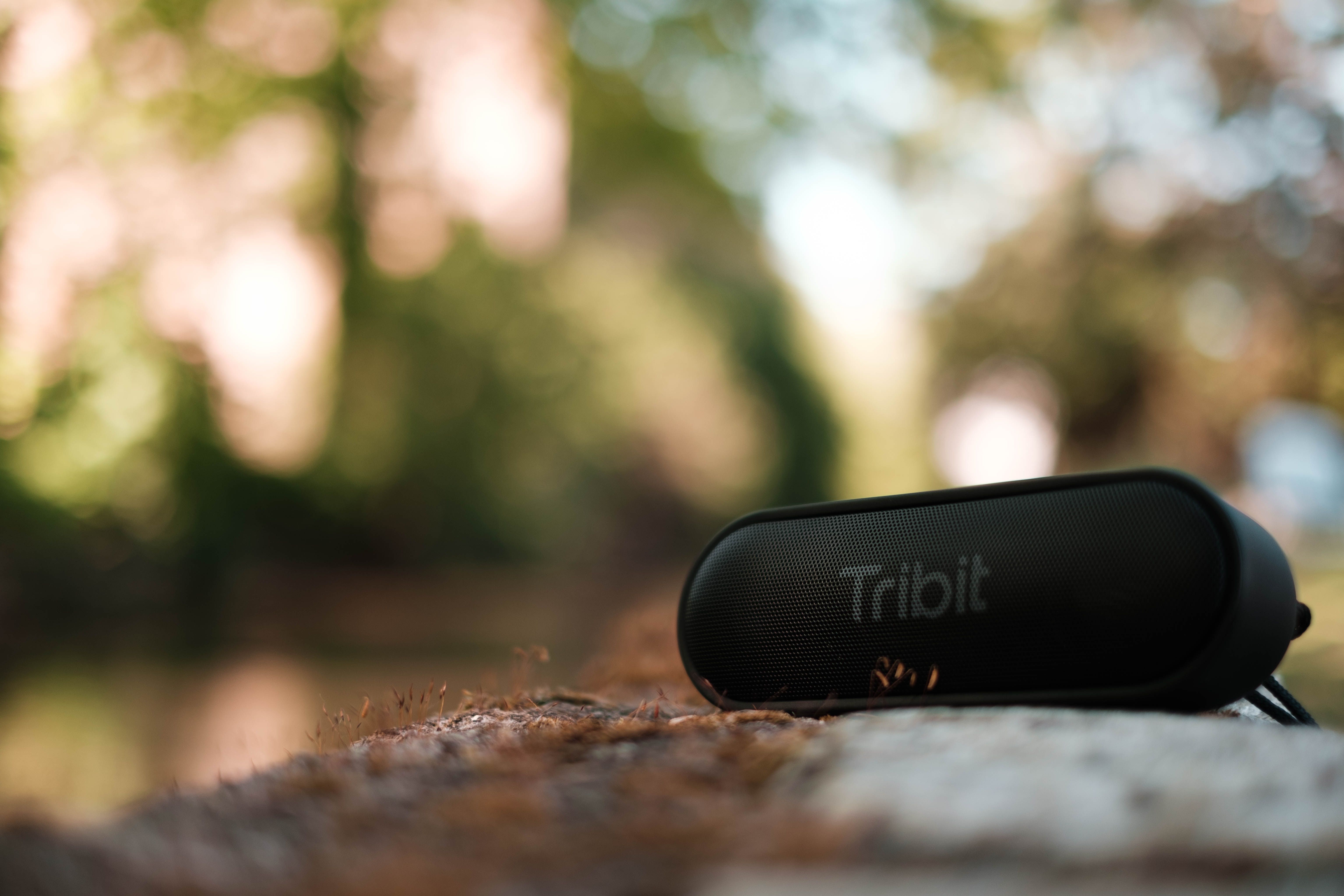 Compact outdoor speaker placed in a lush garden setting for listening to music outside.