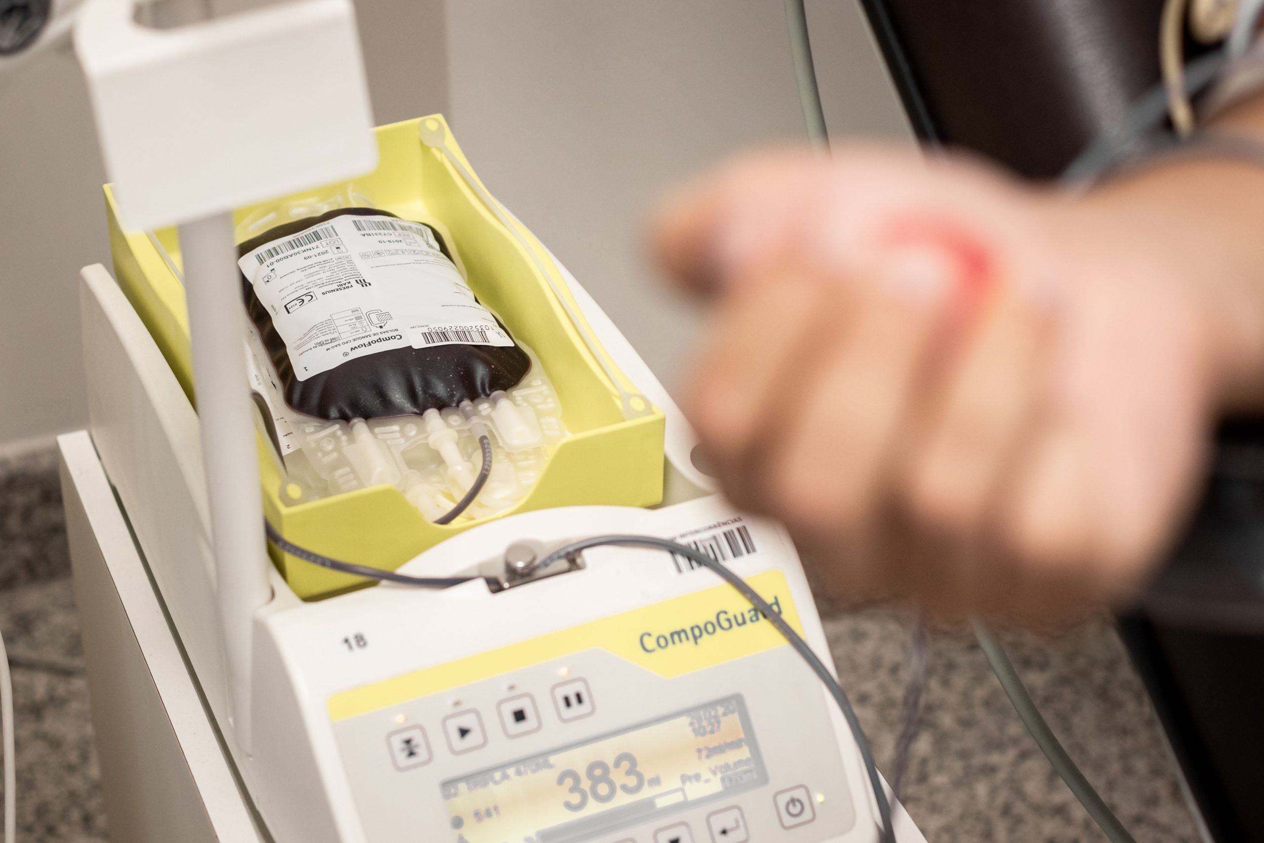 Blood collection tubing and equipment in a clinical donation setting, illustrating what donors may see during a plasma appointment.